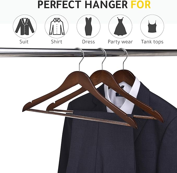 Quality Wooden Hangers - Slightly Curved Hanger 10 Pack Sets - Solid Wood Coat Hangers with Stylish Chrome Hooks - Heavy-Duty Clothes, Jacket, Shirt, Pants, Suit Hangers (Walnut/Retro, 10)