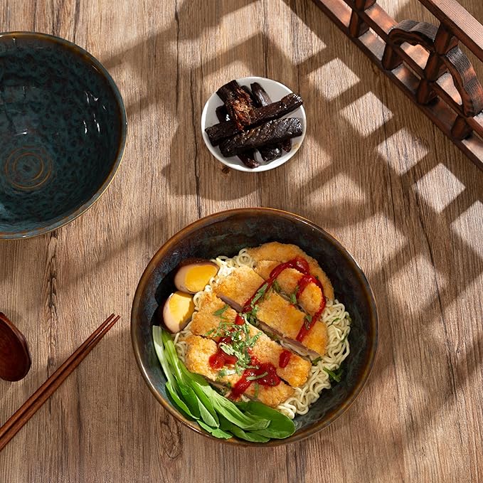 8 Inch Ceramic Ramen Bowl Set of 2, 40oz Japanese Bowls with Spoons & Chopsticks,Durable,Microwave & Dishwasher Safe,Perfect for Ramen,Pho,Salad,Soup,Noodles，Mixing bowls（Verdigris Green）