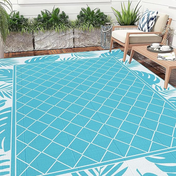 Ileading Outdoor Rug Carpet for Patio 9'x12' Waterproof Reversible Plastic Straw Rug Portable Outside Area Rug Camping Mat for Patio, Clearance, Balcony, Picnic, Pool, Beach, RV, Deck, Teal