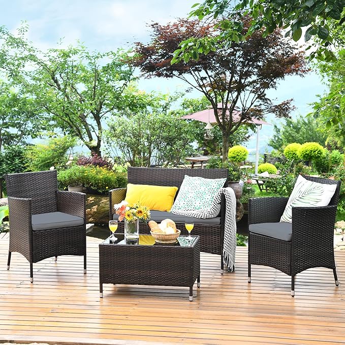 Tangkula 4 PCS Patio Rattan Conversation Set, Outdoor Wicker Furniture Set with Tempered Glass Coffee Table &Thick Cushion, Rattan Chair Wicker Set for Garden, Lawn, Poolside and Backyard (1, Gray)