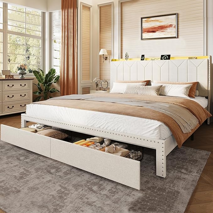 WLIVE King Size Upholstered Bed Frame with 2 Drawers, Linen Tufted Storage Headboard with Charging Ports and LED Light, Sturdy Metal & Wooden Slats Support, No Box Spring Needed, Beige