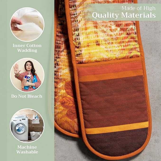 Maison d' Hermine Double Oven Mitt (7" x 35") 100% Cotton Heat Resistant BBQ Cooking Gloves with Loop for Thanksgiving Christmas Decorations Baking Cooking Handling Hot Pan (Thanksgiving Tartan)