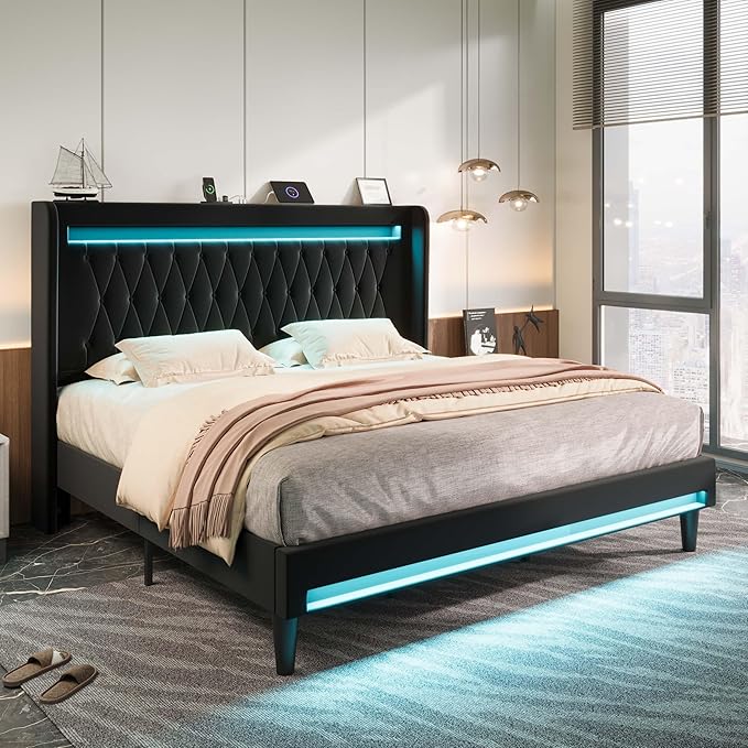Allewie Upholstered King Size Platform Bed Frame with LED Light and Charging Station, Button Tufted High Headboard, Wingback Design, Noise Free, Easy Assembly, No Box Spring Needed, Black