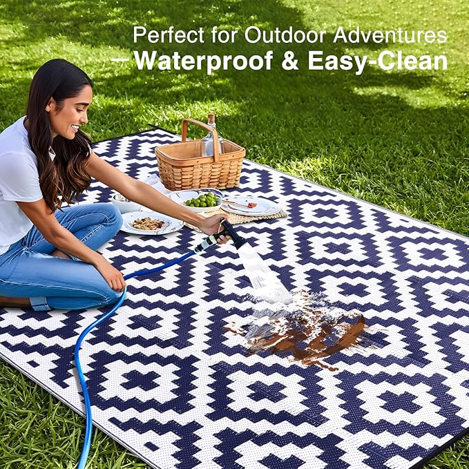 OLANLY Waterproof Outdoor Rug 9x18 ft, Outdoor Plastic Straw Rug for Camping, RV Mat Outside, Indoor Outdoor Carpet for Porch, Deck, Backyard, Balcony, Picnic, Navy & White