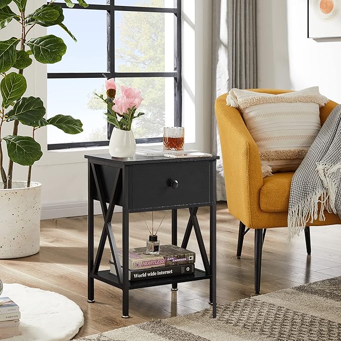 VECELO Nightstand,Modern Bedside End Table, Night Stand with Drawer and Storage Shelf for Living Room Bedroom, Industrial Metal Frame
