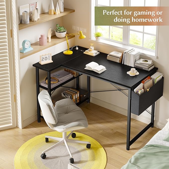EnHomee Small Computer Desk with Storage Shelves & Side Bag, 40 Inch L Shaped Gaming Desk with Power Outlets, Corner Desk Study Writing Table for Home Office Bedroom Living Room, Black