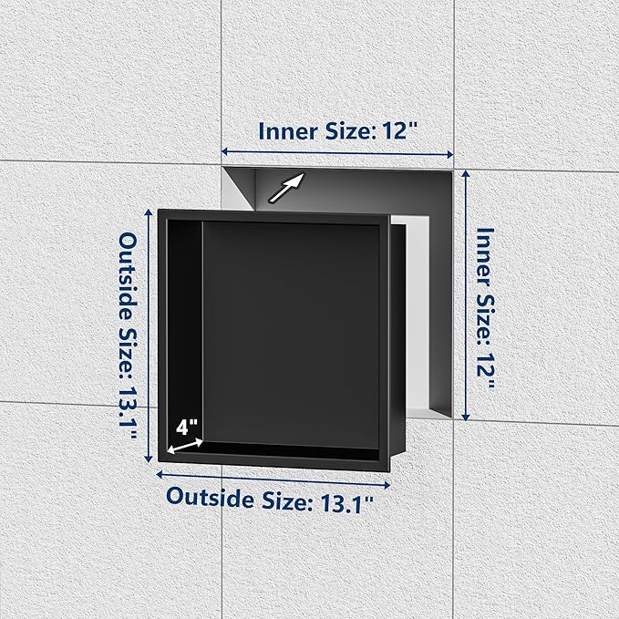 Stainless Steel Shower Niche 12" X 12", No Tile Needed Wall Niche, Recessed Shower Shelf for Bathroom Storage, Matte Black