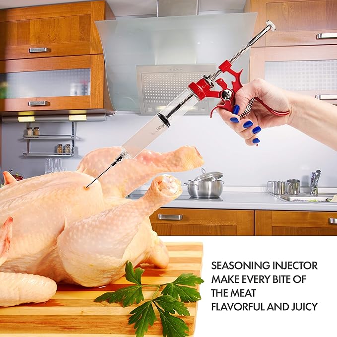 Meat Injector Marinade Gun Stainless Steel Outdoor Kit Flavor Food Syringes & 4 Marinades Needles for BBQ Grill Smoker Injectors Professional Syringe Held Culinary Barbecue Tool