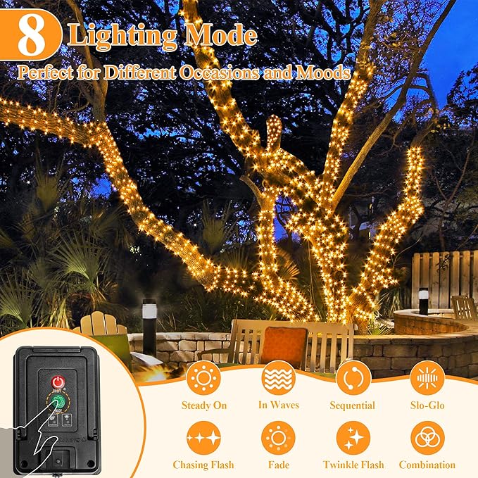 2 Pack Solar String Lights Total 600LED 197FT, IP67 Waterproof Solar Lights for Outside with 8 Modes, Fairy Lights for Patio Garden Party Wedding Yard Camping Decorations (Warm White)