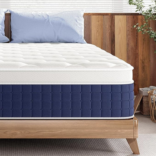 Full Mattress, 12 Inch Hybrid Mattress in a Box, Gel Memory Foam, Individually Wrapped Springs, Medium Firm, Edge Support, Motion Isolation, Pressure Relief, CertiPUR-US Certified, Blue & White