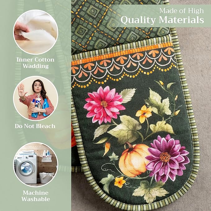 Maison d' Hermine Double Oven Mitt (7" x 35") 100% Cotton Heat Resistant BBQ Cooking Gloves with Loop for Thanksgiving Christmas Decorations Cooking Handling Hot Pan (Pumpkin Garden - Dark Green)