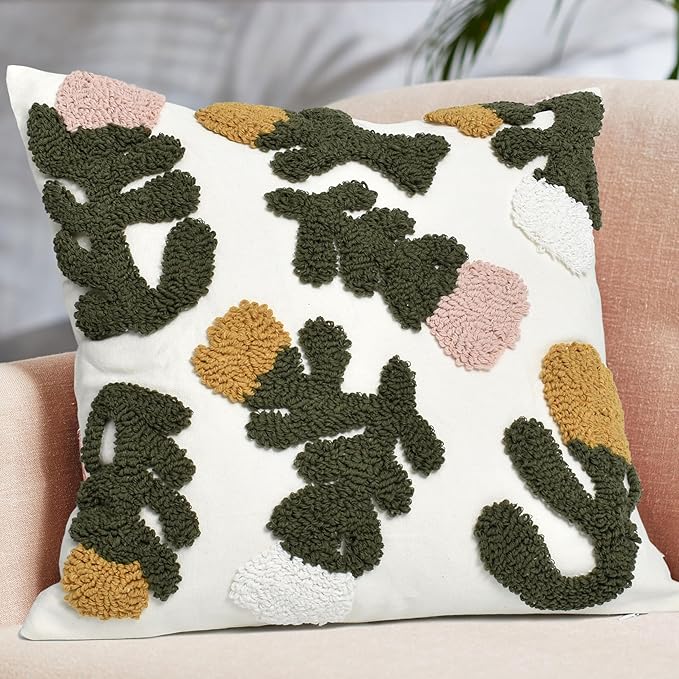 Boho Pillow Covers 18X18 Inch Boho Tufted Throw Pillow Covers Decorative Tassels Cushion Cover Farmhouse Pillow Case for Couch Sofa Bed Living Room Bedroom, Pink Floral