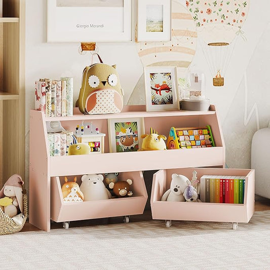 Toy Storage Organizer for Kids, Toy Storage Cabinet with Drawers, Boys and Girls Toy Shelf with Wheels, Toy Organizer Kids Bookshelf with Storage for Nursery, Playroom, Bedroom (Light Pink)