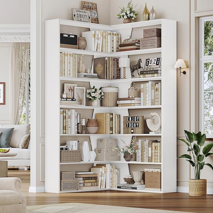 75" Corner Bookshelf, 6-Tier Modern Bookshelf and Bookcase, Tall Bookcase Open Display Storage, L Shaped Corner Shelf for Library, Living Room, Home Office, White