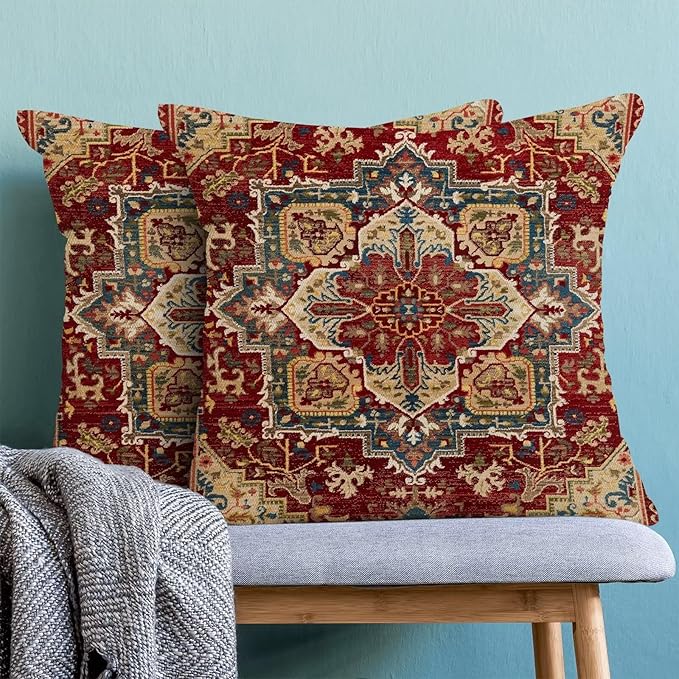 BETGINY Boho Pillow Covers 20 x 20 Inch Pack of 2, Burgundy Red Bohemian Rug Carpet Pattern Decorative Throw Pillow Cases Outdoor Linen Farmhouse Cushion Cover for Bedroom Home Sofa Decor