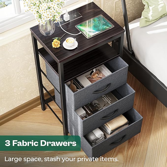 Huuger Nightstands Set of 2, 27.6 Inch End Tables with Charging Station, Fabric Drawers, Bedside Tables with USB Port and Outlet, Night Stands for Bedroom, Walnut