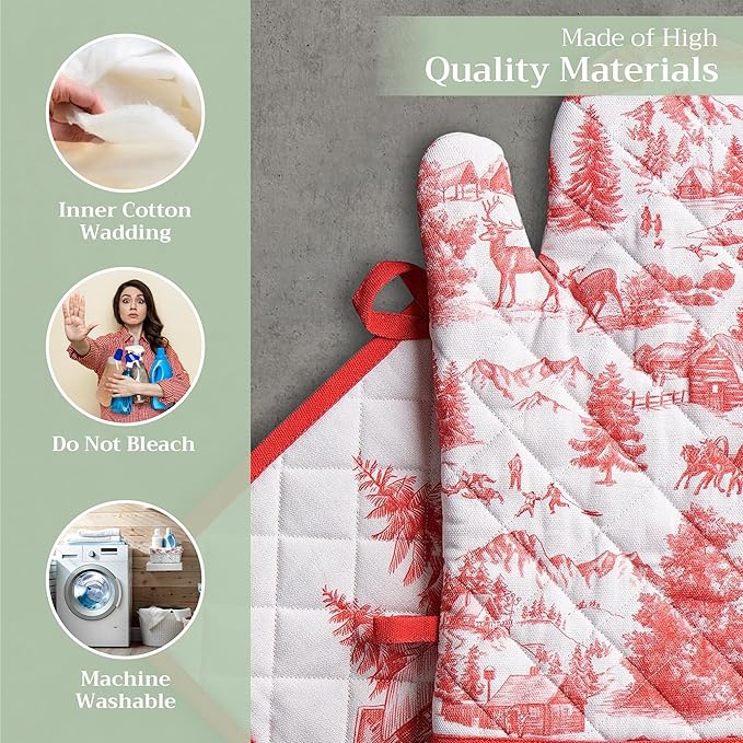 Maison d' Hermine 100% Cotton Oven Mitt & Pot Holder Set (7.5"x13" & 8"x8") Heat Resistant BBQ Cooking Gloves with Loop for Thanksgiving Christmas Decorations Handling Hot Pans (Winter Jouy)