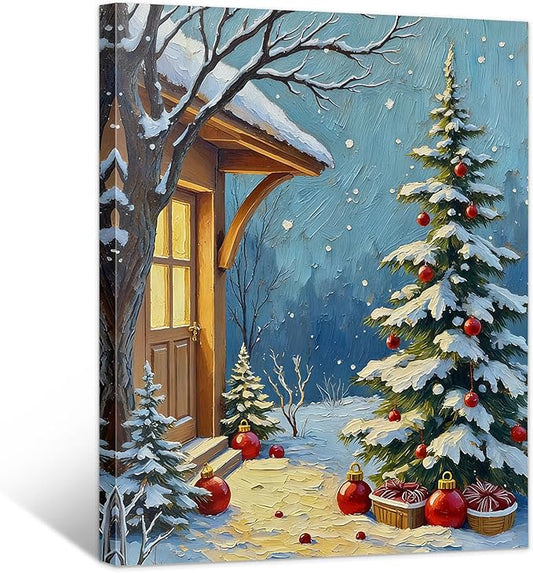 Framed Christmas Pictures Wall Decor,Vintage Pine Tree Prints,Winter Christmas Canvas Wall Art Decoration for Bedroom Bathroom Living Room Rustic Xmas Holiday Gifts (Christmas Tree 21, 20'' X 32'')