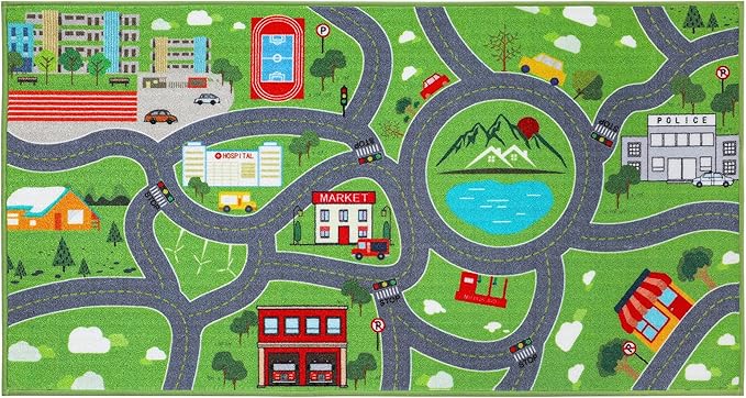 BEQHAUSE Kids Play Mat, Green City Traffic Road Kids Room Rug Great for Playing with Cars, 32”x60” Play Area Rug Car Rugs for Children's Bedroom, Toddler Classroom and Baby Playroom