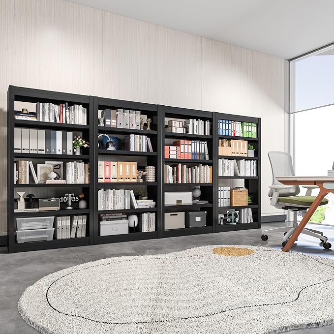 5 Tier Metal Bookshelf, 61" Tall Black Bookcase with Bookends, Adjustable Storage Shelves, Modern Book Case for Small Spaces, Living Room, Office, Bedroom, Kitchen, Bathroom