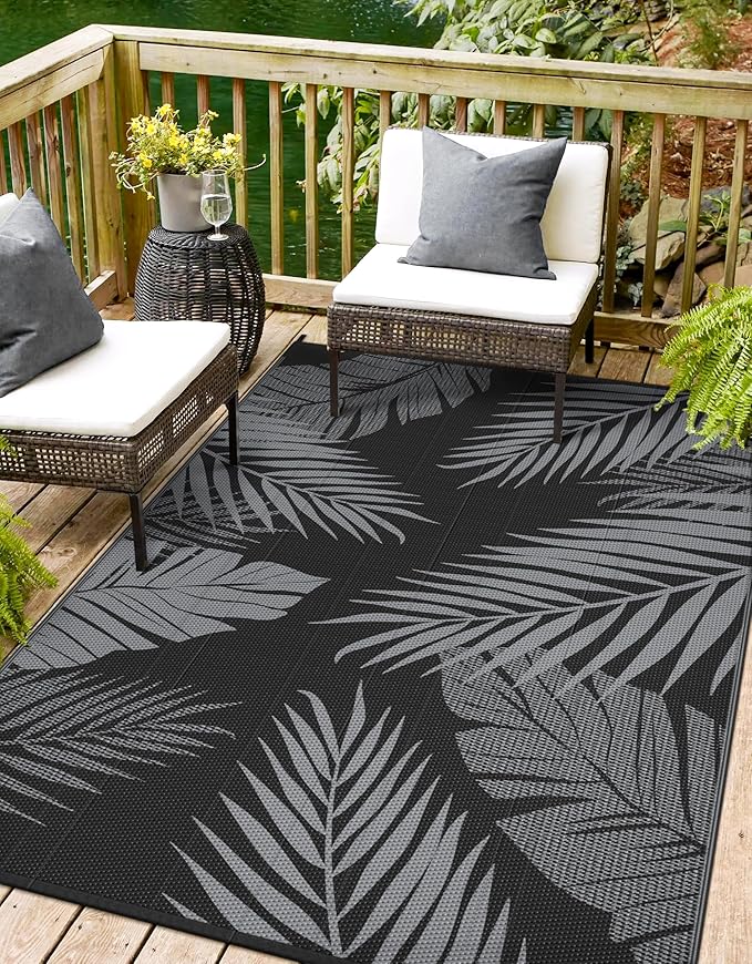 Outdoor Rug 9’x12’ Waterproof for Patio Clearance, Reversible Indoor Outdoor Plastic Straw Camping Rug Carpet, RV Mat, Large Area Rug for Deck, Backyard, Balcony, Porch, Beach, Black & Grey