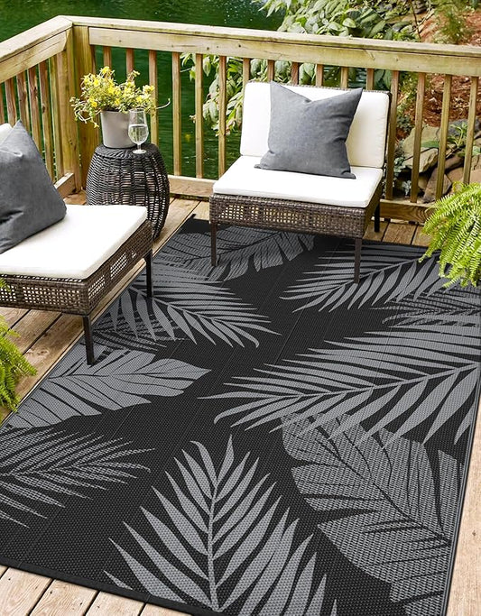 Outdoor Rug 8’x10’ Waterproof for Patio Clearance, Reversible Indoor Outdoor Plastic Straw Camping Rug Carpet, RV Mat, Large Area Rug for Deck, Backyard, Balcony, Porch, Beach, Black & Grey