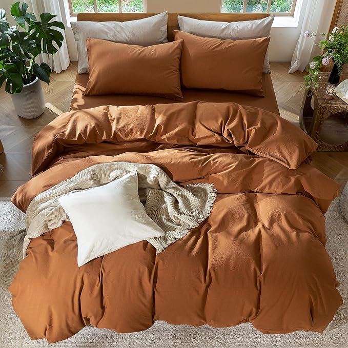 MooMee Bedding Duvet Cover Set 100% Washed Cotton Linen Like Textured Breathable Durable Soft Comfy (Solid Dark Orange, Oversized King Plus 128"x120")