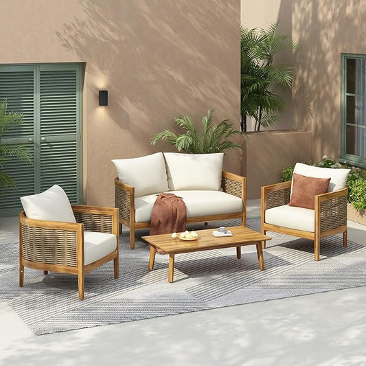 Merax 4-Piece Outdoor Acacia Wood Wicker Conversation Set with Loveseat,Club Chairs and Coffetable for Backyard Garden