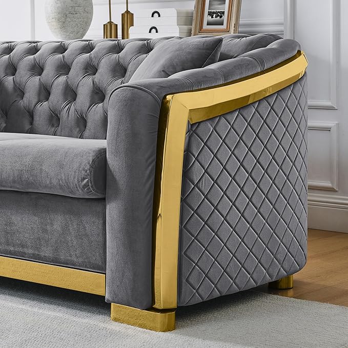 KEIKI 81" Luxury Oversized Velvet Chesterfield Sofa with Gold Stainless Decoration, Mid-Century Style 3-Seater Couch with Tufted Back and Rolled Arms, Easy Assembly, for Apartment, Living Room, Grey