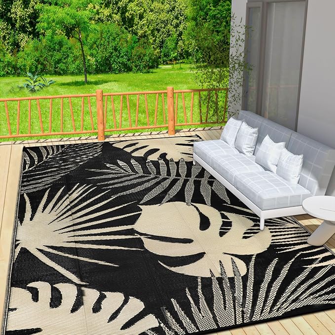 Waterproof Outdoor Rug 9x12 ft, Reversible Plastic Straw Mat with Leaf Pattern, Large Floor Mat for Patio, Camping, Picnic, Backyard RV, Deck, Black