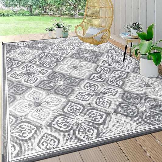 Pauwer Waterproof Outdoor Rug 9x12, Reversible Plastic Straw Patio Camping Rug, Indoor Outdoor RV Mat Carpet for Deck, Camper, Porch, Balcony, Backyard, Picnic, Clover Grey