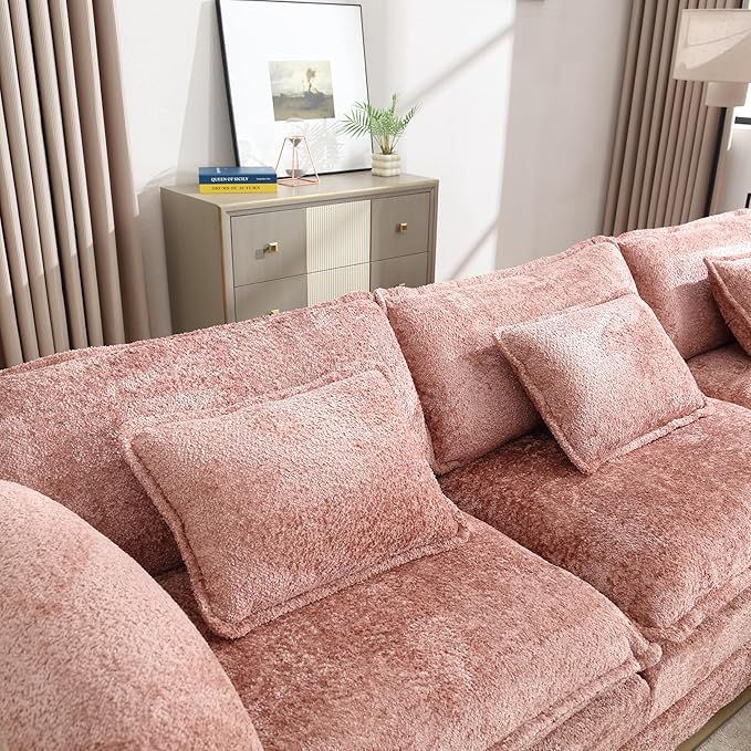 KEIKI 112" L-Shaped Chenille Modular Sectional Chenille Sofa with 1 Movable Ottoman & Memory Foam Cushion, Upholstered Oversized 4-Seater Couch, Easy Assembly, for Apartment, Living Room, Pink