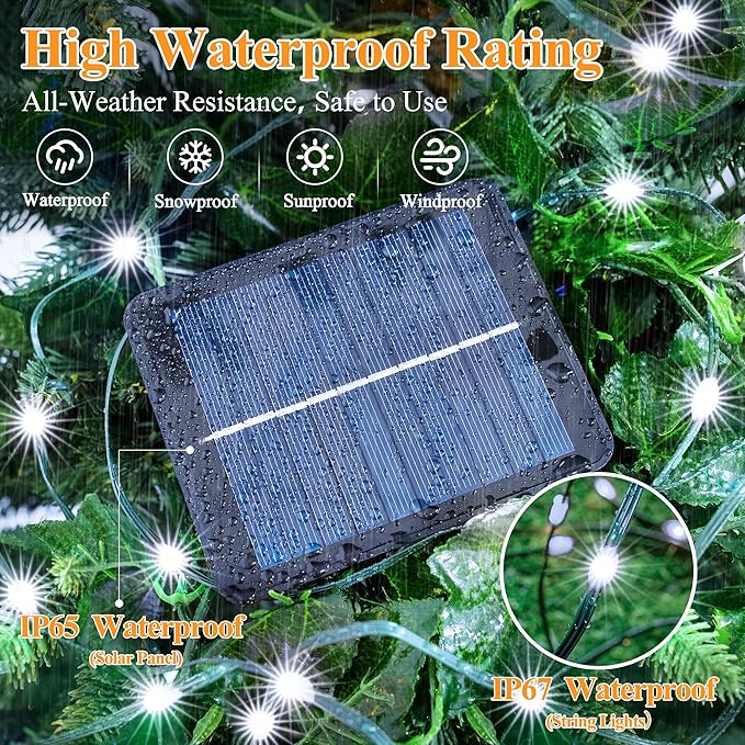 Solar String Lights 120LED 40FT, IP67 Waterproof Solar Lights for Outside with 8 Lighting Modes, Upgraded Solar Panel Fairy Lights for Garden Party Wedding Decorations (Cool White)