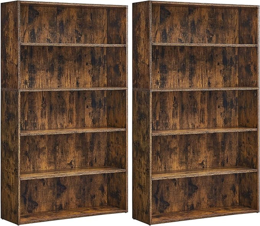 VASAGLE Set of 2 Bookshelves, 30 Inches Wide, 5-Tier Open Bookcases with Adjustable Storage Shelves, Floor Standing Units, Rustic Brown ULBC175X01-2