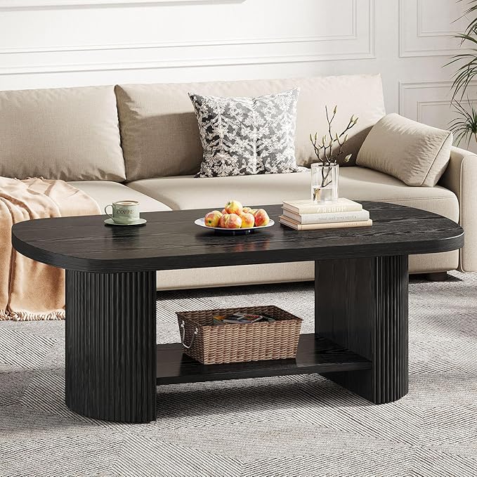 Tribesigns Oval Coffee Table, Mid-Century 2-Tier Coffee Table with Storage Shelf, Modern 45.27" Accent Center Table with Wooden Dual Base for Living Room Bedroom Apartment (Black)