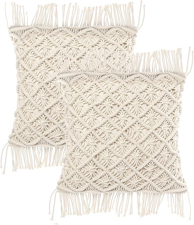 REDEARTH · Macrame Throw Pillow Cushion Covers-Woven Decorative Farmhouse Square Cases Set for Couch, Sofa, Bed, Farmhouse, Chair, Dining, Patio, Outdoor, car; 100% Cotton (18x18; Natural) Pack of 2