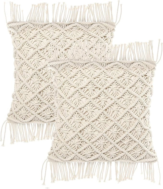 REDEARTH · Macrame Throw Pillow Cushion Covers-Woven Decorative Farmhouse Square Cases Set for Couch, Sofa, Bed, Farmhouse, Chair, Dining, Patio, Outdoor, car; 100% Cotton (18x18; Natural) Pack of 2