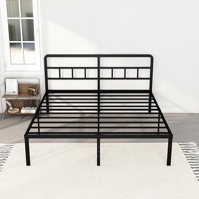 King Size Bed Frame with Headboard, 18 Inch Metal Platform No Box Spring Needed Heavy Duty Steel Slat Mattress Foundation/Easy Assembly/Noise Free/Black