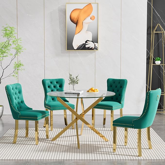 Goujxcy Small Round Dining Table Set for 4, Modern Glass Kitchen Table Chairs Set of 4, 5-Piece Dining Table Set w/36 Circle Gold Glass Dining Room Table and 4 Green Upholstered Dining Chairs