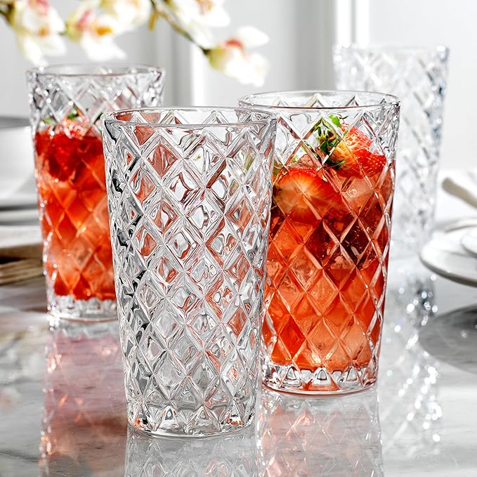 Glaver's Drinking Glasses Set of 4. Tall Highball Glasses. 14oz. Textured Diamond Cut Elegant Drinking Glass Cups - Kitchen Glassware for Water, Iced Tea, Juice, Cocktail.