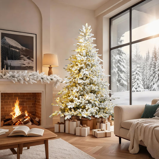 Glitzhome 7.5ft Pre-Lit Artificial Christmas Tree Heavy Snow Flocked Full Christmas Fir Tree with Realistic PE/PVC Frosted Needles 580 UL Colorful Lights for Xmas Decoration