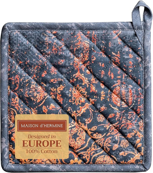 Maison d' Hermine Pot Holders 100% Cotton Heat Resistant Potholders 8" x 8" Hot Pads with Loop for Thanksgiving Christmas Decorations BBQ Cooking Baking Handling Hot Pans (Pack of 1, Imperfection)