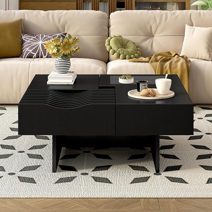 WILLIAMSPACE 33" Square Coffee Table with 3 Drawers, Modern Unique Wooden Center Table with Tempered Glass and Solid Wood Legs, Storage Accent Side End Table for Living Room Apartment, Black