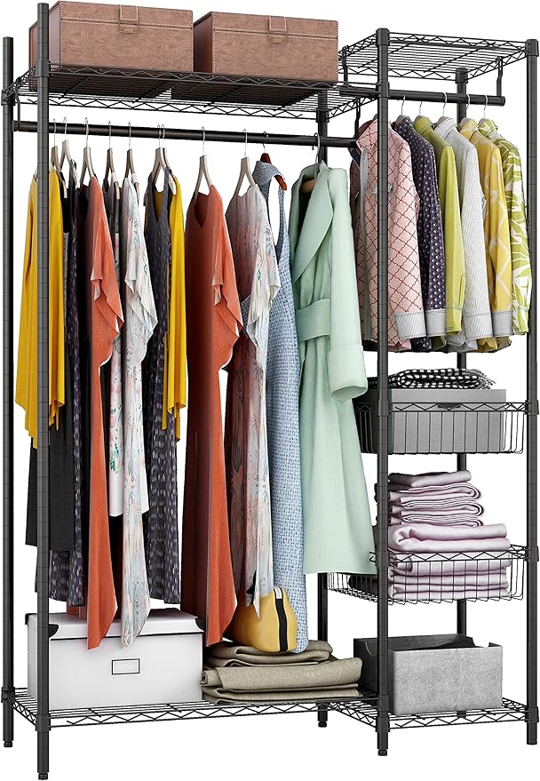 Xiofio 6 Tiers Heavy Duty Clothes Rack,Metal Clothing Rack, Adjustable Clothing Rack with Hanging Rod and Wire Fixing Baskets,Max Load 600LBS,Black