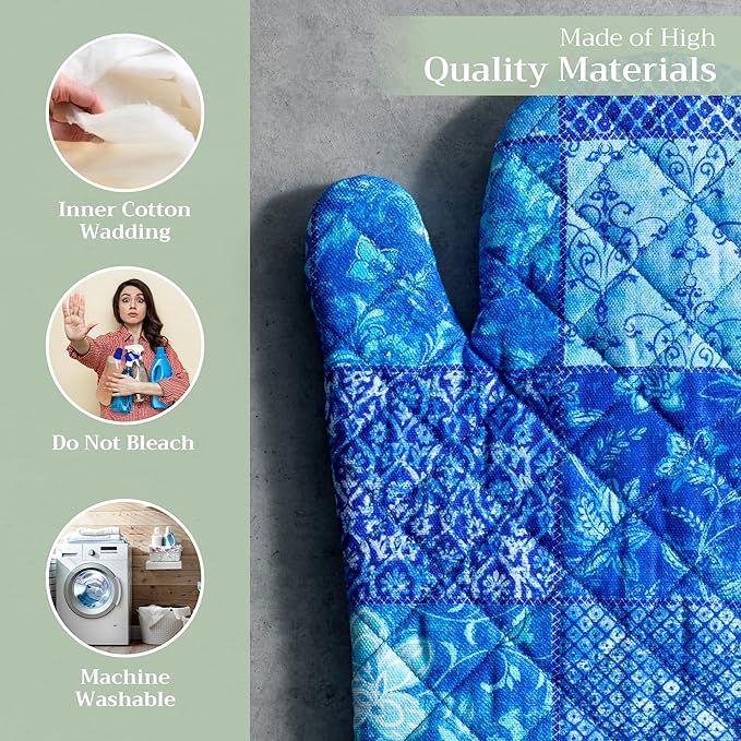 Maison d' Hermine Oven Gloves 100% Cotton Oven Mitt 7" x 13" with Loop Heat Resistant, BBQ, Cooking Gloves, Baking, Grilling, Kitchen, Handling Hot Pans Spring/Summer (Pack of 1, Indigo Love)