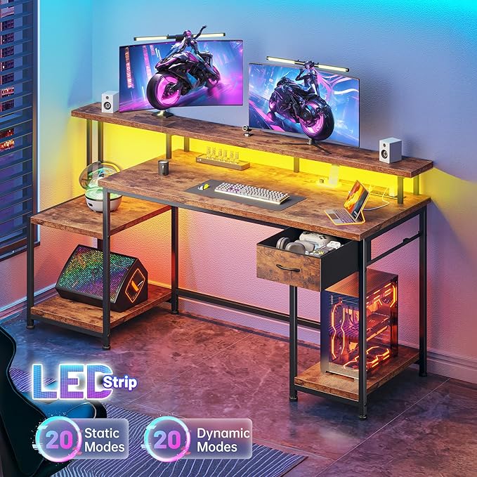 55 Inch Computer Desk with Drawer, Office Desk with Printer Storage Shelves & File Cabinet,Gaming Desk with LED & Power Outlet,Study Table with Monitor Shelf for Home Office Dorm Bedroom Rustic Brown