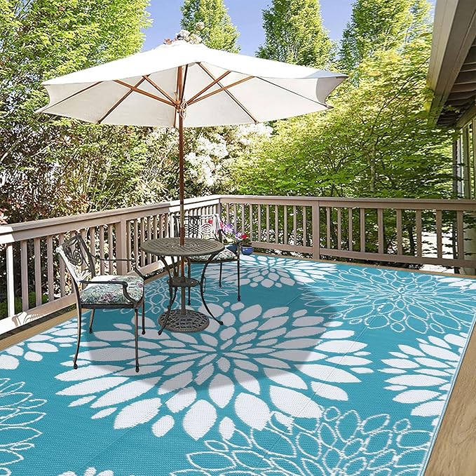 Ileading Reversible Outdoor Rug 6x9Ft Waterproof Patio Rug Carpet Portable Outdoor Plastic Straw Rug Large RV Camping Mat Rug for Patio, Clearance, Deck, Beach, Porch, Camping, Picnic, Flower Teal