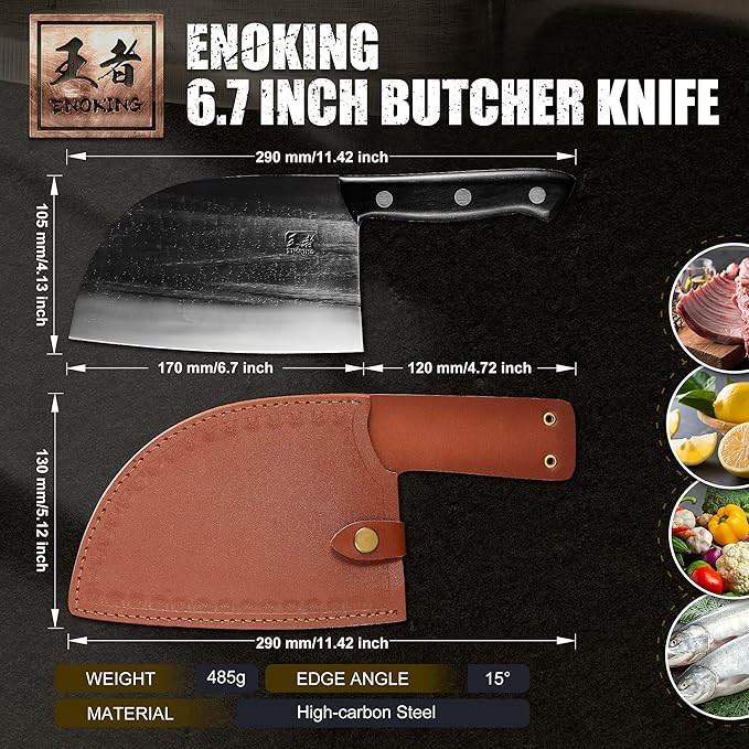 ENOKING Serbian Chef Knife 6.7 Inch, Handmade Professional Meat Cleaver Knife with Leather Sheath, High-Carbon Clad Steel Butcher Knife with Full Tang Handle for Kitchen, Camping, BBQ