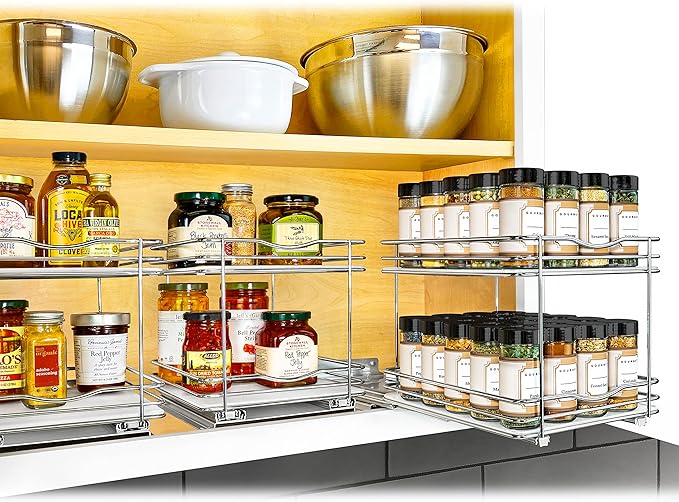 LYNK PROFESSIONAL® Pull Out Spice Rack Organizer for Inside Kitchen Cabinets - 8-1/4 inch Wide - Slide Out Drawer – Chrome Sliding Spice Cabinet Organization Shelf Racks - 2 Tier