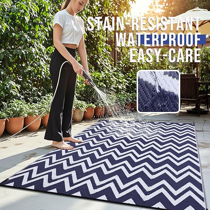 OLANLY Waterproof Outdoor Rug 8x10 ft Clearance, Reversible Outdoor Plastic Straw Rug, RV Mat, Indoor Outdoor Carpet for Patio, Camping, Balcony, Deck, Backyard, Navy & White